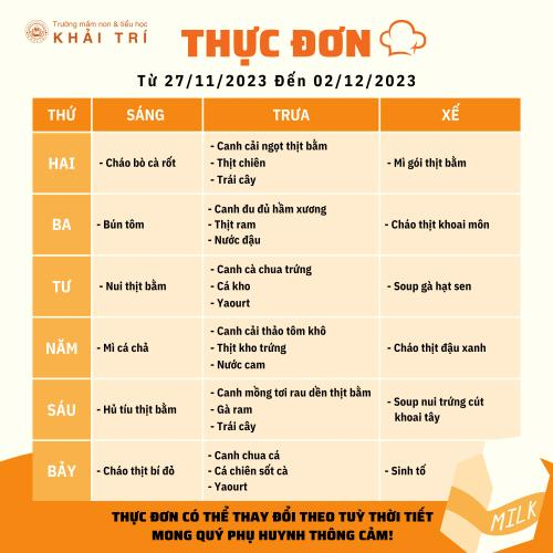 Thực Đơn Tuần Mới (Từ 27/11 Đến 02/12)